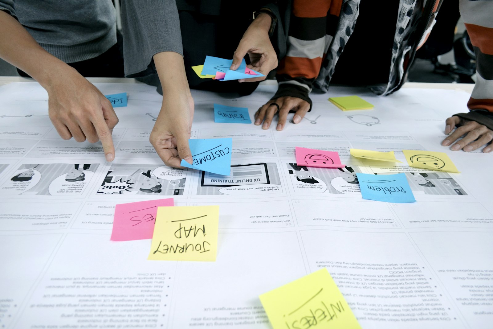 Equipo organizando ideas con notas adhesivas