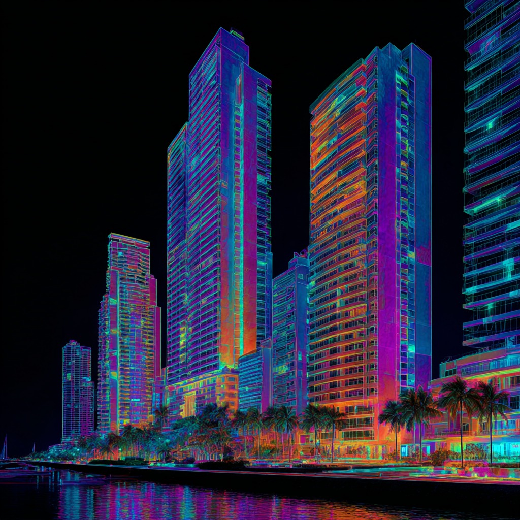 Recreación con IA de torres de Barranquilla iluminadas en neón