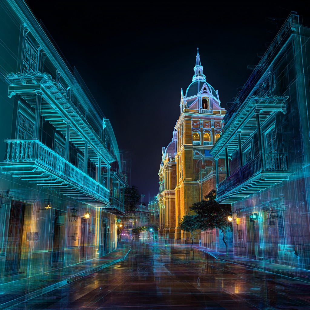Recreación con IA de una calle de Cartagena en wireframe con la catedral al fondo
