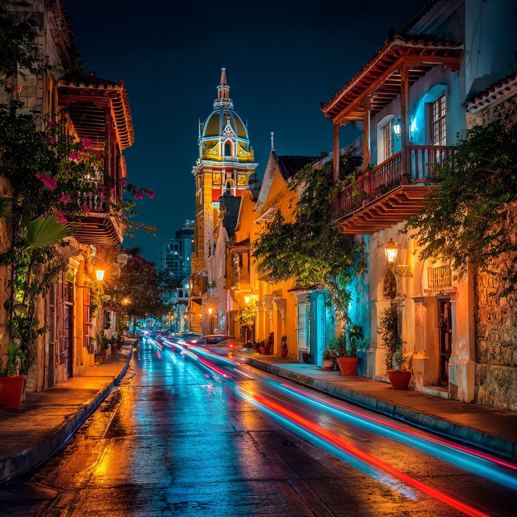 Recreación con IA de la catedral de Cartagena con estelas de luz