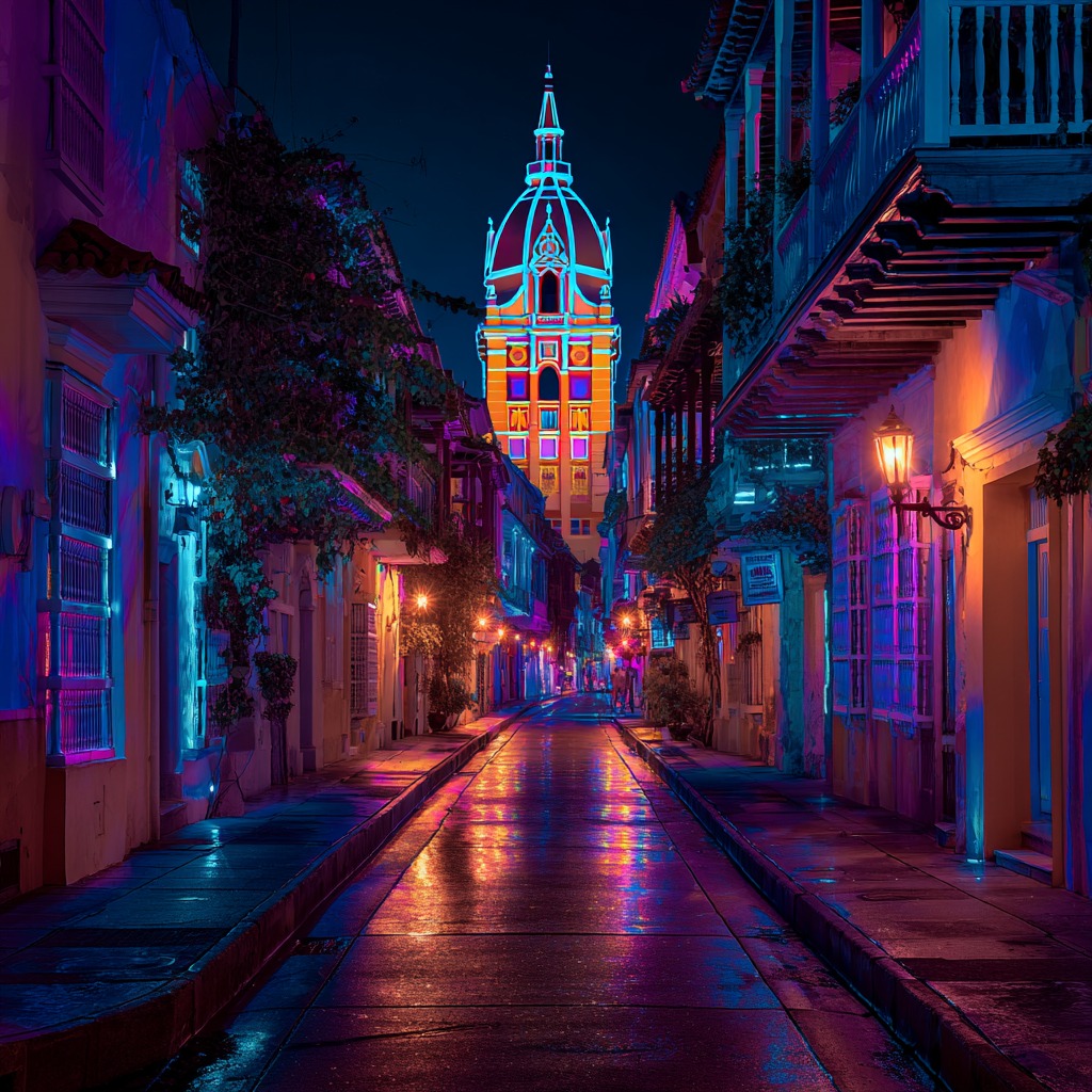Recreación con IA de la catedral de Cartagena iluminada en neón