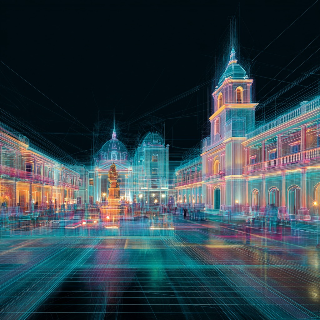 Recreación con IA de una plaza colonial en estilo wireframe neón